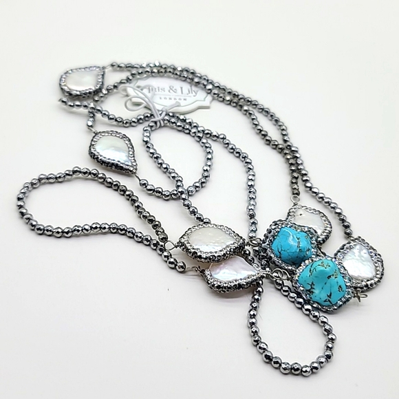 $125 NWTS Iris & Lily London UK Freshwater Pearl & Enhanced Turquoise Beaded Nk - Picture 8 of 8